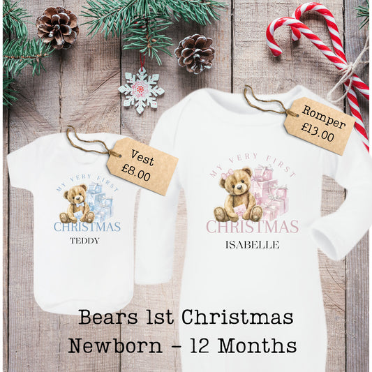 My First Christmas Baby Bear Romper Sleepsuit Bodysuit Vest - Baby Gift - Baby Shower - Personalised - Sew Shabby Chic