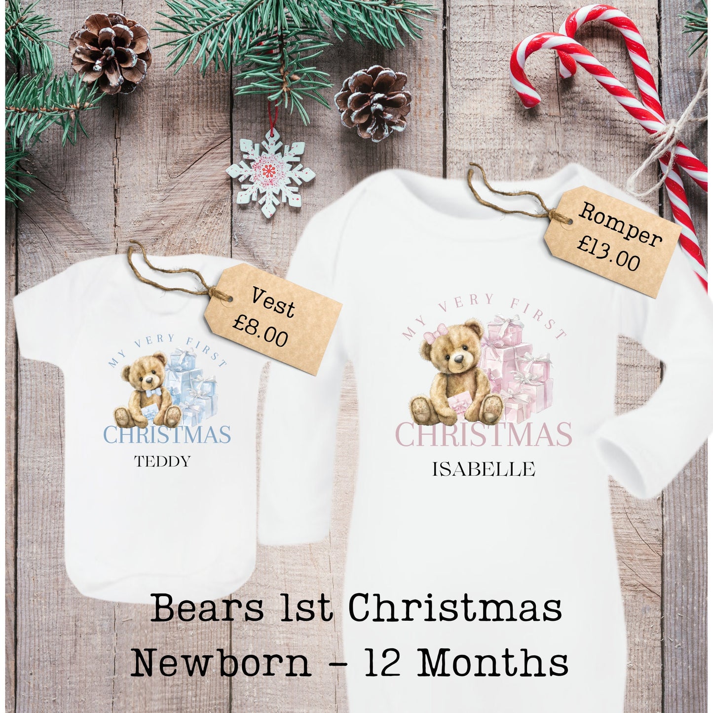 My First Christmas Baby Bear Romper Sleepsuit Bodysuit Vest - Baby Gift - Baby Shower - Personalised