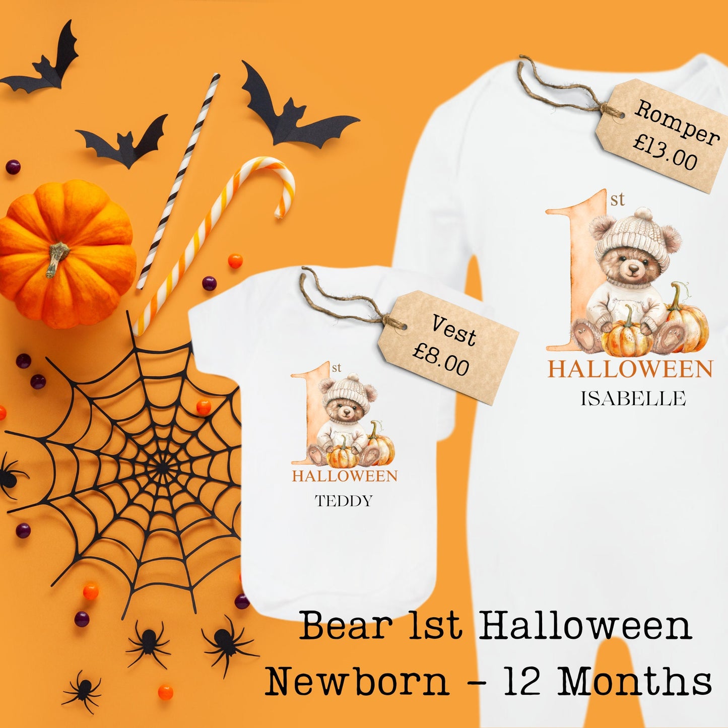 My First Halloween Baby Bear Romper Sleepsuit Bodysuit Vest - Baby Gift - Baby Shower - Personalised