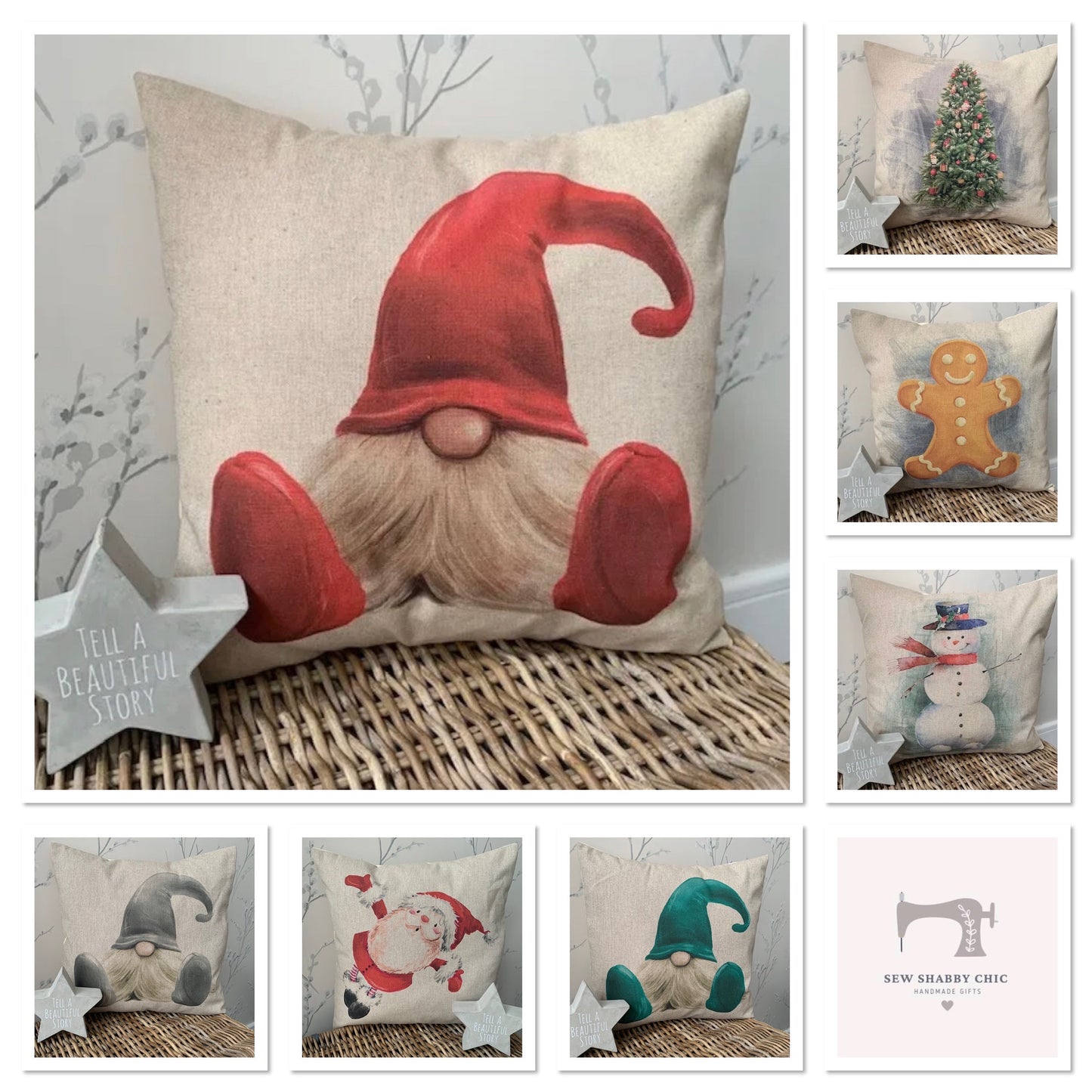 Chatham Glyn Handmade 16" Christmas Gonk Gingerbread Snowman Cushion Cover Several Designs Country Cottage Linen Look - Sew Shabby Chic