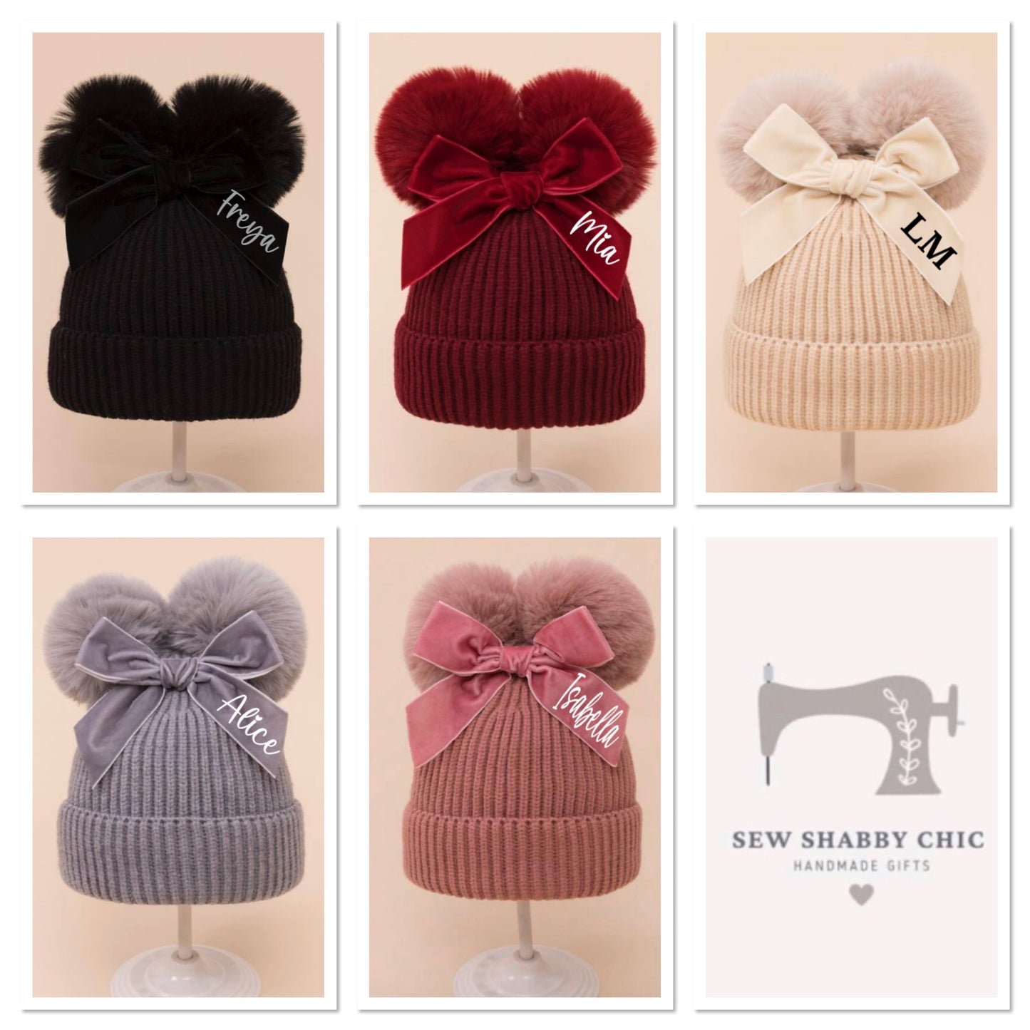 Girls Toddler Personalised Pom Pom Bobble Hat, Beanie Hat, Winter Hat, Wooley Hat - 5 Colours - Sew Shabby Chic