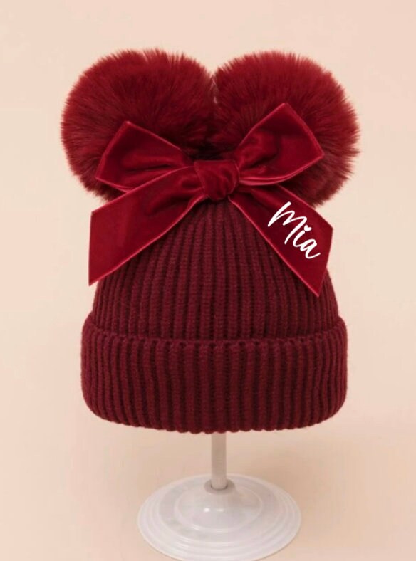 Girls Toddler Personalised Pom Pom Bobble Hat, Beanie Hat, Winter Hat, Wooley Hat - 5 Colours - Sew Shabby Chic