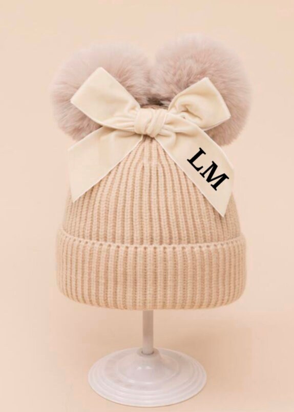 Girls Toddler Personalised Pom Pom Bobble Hat, Beanie Hat, Winter Hat, Wooley Hat - 5 Colours - Sew Shabby Chic